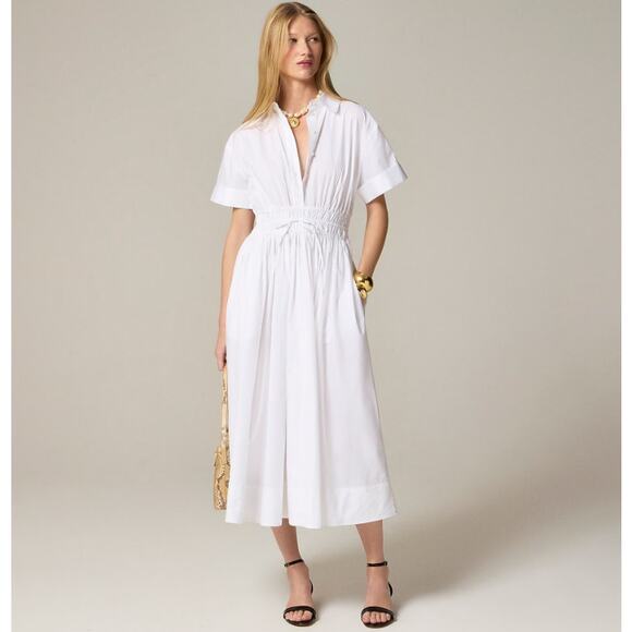 J.Crew Elena Shirt Dress Sz 2 White Cotton Poplin Short Sleeve Drawstring Waist - Picture 1 of 8